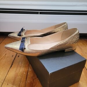 J. Crew Metallic Gold Flats with Navy Bow